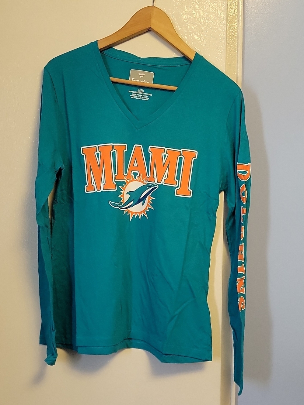 Fanatics Miami Dolphins Teal Long Sleeve V-Neck with Orange Logo
